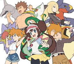  2boys 3girls abs arms_behind_back belt black_jacket blonde_hair blue_eyes blue_oak bright_pupils brock_(pokemon) brown_hair clenched_hands commentary_request crop_top cynthia_(pokemon) double_bun fur_collar fur_trim garchomp gonzarez hair_bun holding holding_poke_ball jacket kasumi_(pokemon) long_hair midriff multiple_boys multiple_girls navel official_style one_side_up onix orange_hair pants pantyhose pantyhose_under_shorts pectorals pidgeot poke_ball poke_ball_(basic) pokemon pokemon_(creature) pokemon_bw2 pokemon_dppt pokemon_hgss pokemon_lgpe pokemon_masters_ex pokemon_rgby raglan_sleeves rosa_(pokemon) serperior shirt short_hair shorts smile spiked_hair staryu style_request toned toned_male topless_male twintails visor_cap white_shirt 