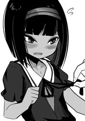  blush bob_cut collared_dress commentary_request dark_skin dress egyptian_loli_(surio) female fingernails flying_sweatdrops greyscale hairband highres monochrome neck_ribbon open_mouth original out_of_frame ribbon short_hair short_sleeves simple_background solo_focus surio sweat teeth upper_body upper_teeth_only white_background 