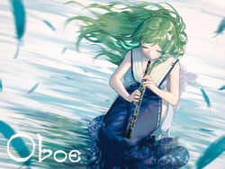  adapted_costume bad_id bad_pixiv_id blurry blush bokeh closed_eyes commentary congming_lan depth_of_field dress eyelashes feathers female formal frog_hair_ornament from_above gown green_hair hair_ornament hair_tubes highres instrument kochiya_sanae long_hair music oboe playing_instrument sleeveless sleeveless_dress smile solo touhou water wind 