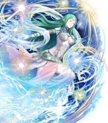  armlet asatani_tomoyo bare_shoulders belt bracelet breasts closed_mouth dress female fire_emblem fire_emblem:_mystery_of_the_emblem fire_emblem_awakening fire_emblem_heroes full_body gem green_hair highres jewelry lips long_hair medium_breasts naga_(fire_emblem) navel non-web_source official_art pale_skin parted_bangs pointy_ears sleeveless sleeveless_dress solo sparkle stomach tiara transparent_background turtleneck 