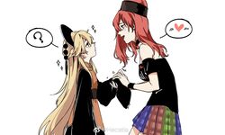  2girls :d ? aged_down bare_shoulders black_choker black_dress black_sash black_shirt blonde_hair blue_skirt blush braid breasts chinese_commentary choker clothes_writing commentary_request cowboy_shot dress ear_piercing french_braid from_side green_skirt hair_between_eyes headdress heart hecatia_lapislazuli highres holding_hands junko_(touhou) kagari6496 long_hair long_sleeves looking_at_another looking_up medium_breasts miniskirt multicolored_clothes multicolored_skirt multiple_girls off-shoulder_shirt off_shoulder open_mouth piercing plaid plaid_skirt pleated_skirt profile red_eyes red_hair red_skirt sash shirt short_sleeves sidelocks simple_background skirt sleeves_past_fingers sleeves_past_wrists smile sparkle spoken_heart spoken_question_mark standing t-shirt tabard tassel touhou very_long_hair weibo_logo weibo_watermark white_background wide_sleeves 