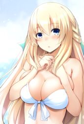  bikini blonde_hair blue_eyes blush braid breast_suppress breasts choujigen_game_neptune commentary_request doria_(p_f_dolia) female french_braid hair_between_eyes hair_ribbon highres large_breasts long_hair looking_at_viewer neptune_(series) open_mouth ribbon sidelocks solo swimsuit vert_(neptunia) white_bikini 