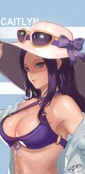  arc2urus bad_id bad_pixiv_id bare_shoulders bikini blue_eyes bow breasts caitlyn_(league_of_legends) cleavage commentary female hand_on_headwear hat highres league_of_legends o-ring o-ring_bikini off_shoulder parted_lips pool_party_(league_of_legends) pool_party_caitlyn purple_bikini purple_bow purple_hair solo strap_gap sun_hat sunglasses swimsuit upper_body 