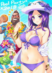  1boy 2018 2girls bangle bare_shoulders bikini blush bow bowtie bracelet breasts bucchake_(asami) caitlyn_(league_of_legends) cleavage commentary_request flower food graves_(league_of_legends) hair_flower hair_ornament hat highres ice_cream innertube jewelry league_of_legends multiple_girls navel o-ring o-ring_bikini off_shoulder pool_party_(league_of_legends) pool_party_caitlyn pool_party_graves pool_party_zoe smile sunglasses swim_ring swimsuit zoe_(league_of_legends) 