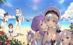  6+girls ahoge alternate_costume alternate_hairstyle animal_ears ankle_flower ark_royal_(azur_lane) ark_royal_(coast_watcher)_(azur_lane) atago_(azur_lane) atago_(summer_march)_(azur_lane) azur_lane bald_eagle bare_legs barefoot beach belfast_(azur_lane) bikini bird black_hair black_one-piece_swimsuit blue_bikini blue_eyes blunt_bangs breasts brown_hair cleavage cloud cloudy_sky commentary_request cuffs day double_v dress eagle enterprise_(azur_lane) flower full_body glasses graf_zeppelin_(azur_lane) graf_zeppelin_(beachside_urd)_(azur_lane) grim_(azur_lane) hair_between_eyes hair_flower hair_ornament hand_on_another&#039;s_chin hand_on_another&#039;s_head hand_on_own_hip handcuffs hat illustrious_(azur_lane) index_finger_raised indian_style innertube key large_breasts leaning_forward lens_flare little_bel_(azur_lane) long_hair looking_at_another looking_at_viewer lueluelue-lue lying medium_breasts mole mole_under_eye multiple_girls ning_hai_(azur_lane) ocean on_back one-piece_swimsuit open_mouth outdoors palm_tree photoshop_(medium) ping_hai_(azur_lane) plant ponytail purple_bikini purple_eyes purple_hair red_bikini seagull short_hair sitting sky small_breasts smile splashing standing stuffed_toy stuffed_unicorn sunlight swim_ring swimsuit thigh_strap tree twintails unicorn_(azur_lane) upper_body v wading white_bikini white_dress white_hair white_headwear yellow_eyes 