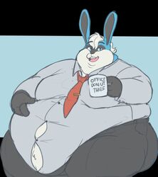  anthro ass belly belly_overhang big_belly big_butt black_body black_fur blue_body blue_fur button_(fastener) captainjusticevirtsuoso chubby_cheeks clothed clothing container cup dewlap_(anatomy) double_chin fur hand_on_belly hi_res holding_container holding_cup holding_object lagomorph leporid love_handles male mammal moobs morbidly_obese necktie obese obese_male open_mouth open_smile overweight overweight_male rabbit smile solo straining_buttons thick_thighs white_body white_fur winston_(roller-2009) 