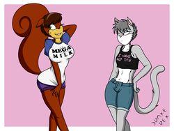  4:3 amber_dagenheart annoyed anthro big_breasts bodily_fluids bottomwear breast_size_difference breasts clothing domestic_cat drake-rex duo english_text felid feline felis female flat_chested fur green_eyes half-closed_eyes halter_top hi_res mammal mega_milk meme midriff multicolored_body multicolored_fur narrowed_eyes navel nervous one_eye_closed purple_eyes rodent sciurid shirt shorts silvia_dandelion simple_background small_breasts sweat sweatdrop tank_top text text_on_clothing text_on_shirt text_on_tank_top text_on_topwear topwear two_tone_body two_tone_fur 