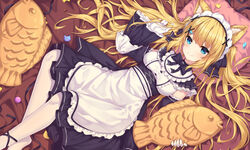  animal_ear_fluff animal_ears apron bed_sheet black_bow black_ribbon black_skirt black_sleeves blonde_hair blue_eyes blush bow breasts cat_ears chinese_commentary closed_mouth commentary_request detached_sleeves dutch_angle female food frilled_apron frills gloves hair_between_eyes hair_ornament hairbow hanazono_serena heart highres holding holding_food indie_virtual_youtuber juliet_sleeves long_hair long_sleeves looking_at_viewer lying maid maid_headdress medium_breasts neps-l no_shoes on_back pantyhose pillow puffy_sleeves ribbon ruffling_hair shirt skirt sleeveless sleeveless_shirt sleeves_past_wrists smile solo taiyaki very_long_hair virtual_youtuber wagashi waist_apron white_apron white_gloves white_pantyhose white_shirt wide_sleeves x_hair_ornament 