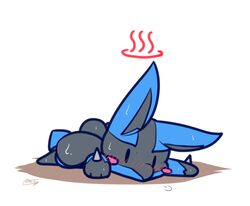  2019 ambiguous_gender blush bodily_fluids day-t dot_eyes generation_4_pokemon lucario lying nintendo on_front pokemon pokemon_(species) simple_background solo sweat white_background 