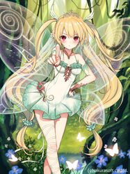  bad_id bad_pixiv_id bare_shoulders blonde_hair blush breasts closed_mouth commentary_request copyright_name cowboy_shot diadem dress fairy_wings female forest green_dress hair_between_eyes hair_ornament jewelry leg_ribbon long_hair looking_at_viewer medium_breasts nature necklace pointing pointy_ears red_eyes ribbon solo tanya_(teikoku_senki) teikoku_senki twintails v-shaped_eyebrows wings yuuki_rika 