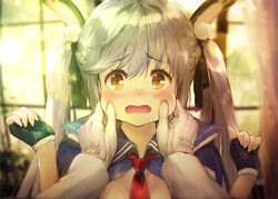  animal_ear_fluff animal_ears arms_up azur_lane black_bow black_gloves blurry blurry_background blush bow brown_eyes cheek_pinching commander_(azur_lane) commentary_request curtains day depth_of_field ek_masato embarrassed essex_(azur_lane) female fingerless_gloves fingernails gloves grey_hair hair_between_eyes hairbow hands_up indoors long_hair long_sleeves necktie nose_blush open_mouth out_of_frame photoshop_(medium) pinching pov rabbit_ears red_necktie solo_focus surprised twintails upper_body white_gloves window 