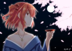  absurdres blue_kimono breasts cherry_blossoms cleavage collarbone commentary_request cup female full_moon hair_bobbles hair_ornament highres holding japanese_clothes jewelry kimono moon necklace off_shoulder onozuka_komachi orange_eyes orange_hair outdoors parted_lips profile sakazuki short_hair small_breasts solo touhou twitter_username upper_body yuuki_eishi 