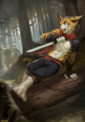  2019 5_fingers 5_toes abs adobe_photoshop_(artwork) anthro athletic athletic_anthro athletic_male black_stripes black_tsuba black_tsukamaki brown_habaki chasing chunie clothed clothing dagger detailed_background digital_media_(artwork) digital_painting_(artwork) domestic_cat feet felid feline felis fingerless_gloves fingers forest fur gloves glowing glowing_eyes green_eyes group handwear hi_res japanese_sword male mammal melee_weapon navel nuno_(bloudc) open_mouth orange_body orange_fur plant red_scarf reverse_grip scarf solo_focus striped_body striped_fur stripes sword tanto toes topless tree vaulting weapon white_body white_fur 