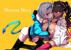  2girls bikini black_bikini black_legwear blue_eyes blue_jacket blush brown_eyes brown_hair collared_shirt commentary dark-skinned_female dark_skin demon_girl demon_horns demon_tail dress_shirt eyepatch_bikini fingernails green_nails hair_between_eyes highres hood hood_down hooded_jacket horns horonamin jacket long_hair long_sleeves multiple_girls open_clothes open_jacket open_shirt orange_background original pink_legwear pink_nails shirt side-tie_bikini_bottom silver_hair simple_background sleeves_past_wrists swimsuit tail thighhighs tongue tongue_out twintails white_bikini white_shirt 