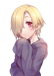  absurdres bags_under_eyes blonde_hair blush closed_mouth commentary_request female hair_over_one_eye highres hood hoodie idolmaster idolmaster_cinderella_girls kiyu_rei long_sleeves red_eyes shirasaka_koume short_hair simple_background sleeves_past_fingers sleeves_past_wrists solo upper_body white_background 