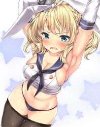  armpits arms_up bad_id bad_twitter_id black_neckerchief black_panties black_pantyhose blonde_hair blue_eyes blush braid breasts capelet clothes_pull colorado_(kancolle) commentary_request cosplay cowboy_shot crop_top crying crying_with_eyes_open elbow_gloves female french_braid gloves hair_ribbon hairband highres kantai_collection large_breasts looking_at_viewer navel neckerchief necktie nijimoto_hirok open_mouth panties pantyhose pantyhose_pull ribbon sailor_collar school_uniform serafuku shimakaze_(kancolle) shimakaze_(kancolle)_(cosplay) short_hair sidelocks skindentation solo star_(symbol) sweat tears underwear white_gloves white_ribbon 