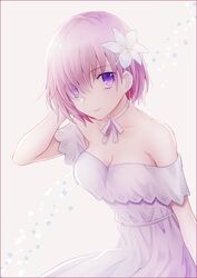  bad_id bad_pixiv_id bare_shoulders blush border breasts choker cleavage collarbone commentary cowboy_shot dress eyes_visible_through_hair fate/grand_order fate_(series) female flower hair_flower hair_ornament hair_over_one_eye hand_in_own_hair looking_at_viewer mash_kyrielight mash_kyrielight_(formal_dress) medium_breasts noru_(lila2) off-shoulder_dress off_shoulder official_alternate_costume pink_hair purple_border purple_eyes purple_hair ribbon ribbon_choker short_hair smile solo white_choker white_dress white_flower white_ribbon 