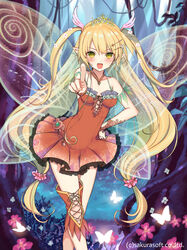  bad_id bad_pixiv_id bare_shoulders blonde_hair blush breasts commentary_request copyright_name cowboy_shot diadem dress fairy_wings female flower forest hair_between_eyes hair_flower hair_ornament hairclip jewelry leg_ribbon long_hair looking_at_viewer medium_breasts nature necklace open_mouth orange_dress pointing pointy_ears ribbon solo tanya_(teikoku_senki) teikoku_senki twintails v-shaped_eyebrows wings yellow_eyes yuuki_rika 