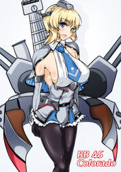  absurdres black_pantyhose blonde_hair blue_eyes blue_necktie breasts capelet character_name clock colorado_(kancolle) commentary_request cowboy_shot dress female garrison_cap grey_dress grey_hat hat headgear highres kantai_collection large_breasts lattice_mast looking_at_viewer machinery necktie open_mouth pantyhose photoshop_(medium) sangyou_haikibutsu_a short_hair sideboob simple_background smile solo standing white_background 