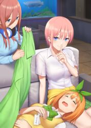  3girls aquarium blanket blue_cardigan blue_eyes bow breasts brown_hair cardigan cleavage closed_mouth collared_shirt commentary_request couch dress_shirt finger_to_mouth flash_cards go-toubun_no_hanayome green_ribbons green_skirt hair_between_eyes hair_ribbon headphones headphones_around_neck indoors large_breasts long_hair long_sleeves looking_at_viewer lying medium_hair multiple_girls nakano_ichika nakano_miku nakano_yotsuba on_lap open_mouth orange_hair pink_hair pleated_skirt ribbon saliva shirt short_hair shushing siblings sisters skirt sleeping thighs tsuchifumazu vest white_shirt yellow_vest 