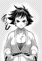  belt black_belt breasts bruise bruise_on_face choker cleavage collarbone commentary_request dougi female frown greyscale injury makoto_(street_fighter) marimo_(yousei_ranbu) martial_arts_belt medium_breasts monochrome ribbon_choker short_hair solo sports_bra star_(symbol) starry_background street_fighter street_fighter_iii_(series) tomboy 