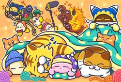  bag bedding blanket blush bodily_fluids boom_microphone camera closed_eyes clothing domestic_cat electronics fangs felid feline felis fire_lion_(kirby) fur galbel group halcandran hat headgear headwear kirby kirby_(series) magolor mammal microphone nago_(kirby) nintendo rope scarfy sighing sleep_kirby sweat tac_(kirby) teeth unknown_artist waddle_dee waddling_head whiskers yellow_body yellow_fur 