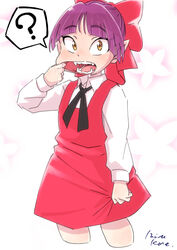  ? bow cat_girl commentary_request cropped_legs dress female gegege_no_kitarou hairbow looking_at_viewer mizu_kane mouth_pull nekomusume open_mouth pointy_ears purple_hair red_bow red_dress sharp_teeth short_hair solo spoken_question_mark teeth yellow_eyes 