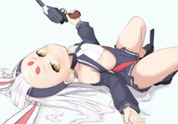  animal_ears arm_up azur_lane bikini bikini_bottom_only bikini_over_clothes black_footwear black_skirt brown_eyes commentary_request detached_sleeves female flat_chest forehead gun hairband knees_up legs long_hair looking_at_viewer lying miniskirt on_back outstretched_arms rabbit_ears red_bikini robokumodoki shimakaze_(azur_lane) shiny_forehead shoes simple_background skirt smile solo swimsuit swimsuit_over_clothes thighs weapon white_background white_hair 