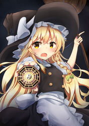  absurdres aiming aiming_at_viewer apron arm_up bagua black_background black_hat black_skirt black_vest blonde_hair blush braid broom commentary_request cowboy_shot female foreshortening hair_between_eyes hair_ribbon hat hat_ribbon highres holding holding_broom index_finger_raised kirisame_marisa long_hair looking_at_viewer mini-hakkero open_mouth puffy_short_sleeves puffy_sleeves ribbon sachisudesu shirt shnva_(style) short_sleeves single_braid skirt solo standing touhou tress_ribbon trigram tsurime very_long_hair vest waist_apron white_shirt witch_hat yellow_eyes yin_yang 