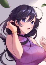  bangs bare_arms bare_shoulders black_hair blush breasts commentary_request curcumin eyebrows_visible_through_hair female girls_und_panzer grey_background hair_between_eyes hand_in_hair hand_up highres isuzu_hana large_breasts leaves_in_wind long_hair looking_at_viewer open_mouth purple_eyes purple_sweater ribbed_sweater sleeveless_sweater solo sweater two-tone_background upper_body 