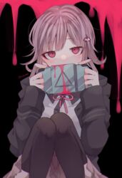  absurdres artist_name black_thighhighs blood blush brown_skirt commentary covering_own_mouth danganronpa_(series) danganronpa_2:_goodbye_despair female flipped_hair galaga hair_ornament hairclip handheld_game_console highres long_sleeves looking_at_viewer medium_hair nanami_chiaki pink_blood pink_eyes pink_hair pink_ribbon ribbon sahata_saba shirt skirt solo symbol-only_commentary thighhighs white_shirt 