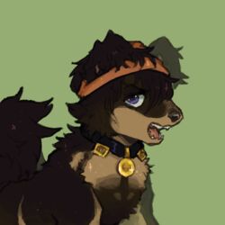  1:1 2018 alternate_species brown_body brown_fur bust_portrait canid canine canis collar domestic_dog feral feralized fluffy fluffy_tail fur furrification hair hair_over_eye headwrap jojo&#039;s_bizarre_adventure looking_at_viewer low_res magicalkoko male mammal narancia_ghirga one_eye_obstructed open_mouth portrait purple_eyes simple_background solo tail 