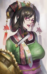  black-framed_eyewear black_hair breasts chinese_clothes commentary dalachi_(headdress) female glasses gong hair_ornament hair_rings head_tilt large_breasts lipstick looking_at_viewer makeup mole mole_under_mouth obi parted_lips phamoz photoshop_(medium) purple_eyes samurai_spirits sash solo tassel updo wu-ruixiang 