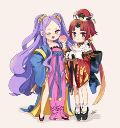  2girls :&gt; ;d apron azu_(kirara310) benienma_(fate) black_footwear blush_stickers bobby_socks brown_background brown_hair chinese_clothes collarbone commentary_request dress fate/grand_order fate_(series) flats food frilled_dress frills fruit gradient_hair hair_ornament hair_scrunchie hand_on_own_hip hanfu holding holding_food japanese_clothes kimono long_hair long_sleeves low_ponytail multicolored_hair multiple_girls oerba_yun_fang one_eye_closed onigiri open_clothes open_mouth parted_bangs peach pelvic_curtain pink_dress platform_footwear ponytail purple_footwear purple_hair qixiong_ruqun red_eyes red_hair red_kimono scrunchie shadow shoes short_kimono signature smile socks standing strapless strapless_dress twintails v-shaped_eyebrows very_long_hair white_apron white_legwear wide_sleeves wu_zetian_(fate) wu_zetian_(first_ascension)_(fate) yellow_scrunchie 