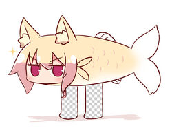  animal_ear_fluff animal_ears animalization blonde_hair blush checkered commentary_request fake_transparency female fish fox_ears fox_girl fox_tail full_body hair_between_eyes kemomimi-chan_(naga_u) long_hair looking_at_viewer mascot_costume meme naga_u original parody red_eyes shadow sidelocks solo sparkle standing tail v-shaped_eyebrows white_background 