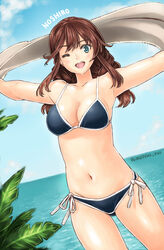  ;d absurdres alternate_costume bikini black_bikini blue_sky breasts brown_hair character_name cleavage collarbone cowboy_shot day dutch_angle eyebrows_visible_through_hair female green_eyes groin highres kantai_collection long_hair looking_at_viewer medium_breasts navel noshiro_(kantai_collection) notchi ocean one_eye_closed open_mouth outdoors outstretched_arms ribbon shiny shiny_hair side-tie_bikini sideboob sky smile solo standing swimsuit twitter_username white_ribbon 