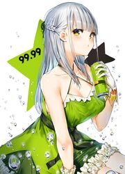  alcohol bare_shoulders black_ribbon blunt_bangs blush braid breasts can chu-hi cleavage cleavage_cutout clothing_cutout collarbone commentary dress female frilled_dress frills gloves green_dress grey_hair highres holding holding_can long_hair original orihi_chihiro parted_lips personification ribbon sapporo_beer sleeveless solo star_(symbol) thighs white_background white_gloves yellow_eyes 