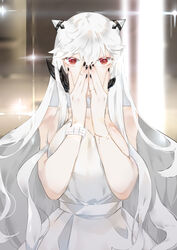  abyssal_ship bad_id bad_pixiv_id black_nails bracelet breasts commentary_request covering_face dress female horns jewelry kantai_collection large_breasts long_hair looking_at_viewer midway_princess nail_polish neko_(ganecooo) off-shoulder_dress off_shoulder pinky_ring red_eyes ring sidelocks single_bare_shoulder solo upper_body very_long_hair white_dress white_hair 