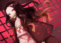  bamboo bit_gag black_hair checkered_sash commentary_request female gag gagged hair_ribbon highres japanese_clothes kamado_nezuko kimetsu_no_yaiba kimono long_hair looking_at_viewer multicolored_hair nene_(atsushi_hamano) obi pink_eyes ribbon sash solo very_long_hair 