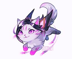  2018 black_hair domestic_cat felid feline felis female feral fur glistening glistening_hair grey_body grey_fur hair justduet kai&#039;sa_(lol) league_of_legends mammal multicolored_body multicolored_fur pink_eyes riot_games simple_background solo tencent white_background white_body white_fur 