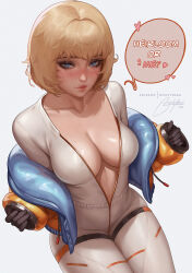  apex_legends black_gloves blonde_hair blue_eyes blush bodysuit bootybear breasts collarbone english_text female gloves highres invisible_chair jacket large_breasts lips looking_at_viewer no_bra orange_jacket patreon_username scar scar_on_face sitting solo speech_bubble two-sided_fabric two-sided_jacket unzipped wattson_(apex_legends) white_bodysuit 