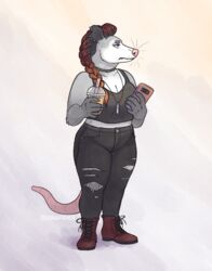  2019 abigfathen american_opossum anthro beverage boots bottomwear breasts cleavage clothed clothing collar ear_piercing electronics female footwear frown hi_res holding_object holding_phone jewelry mammal marsupial opal_(abigfathen) pants pendant phone piercing shirt simple_background slightly_chubby solo standing topwear torn_clothing virginia_opossum 