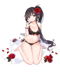  :o bare_arms bare_legs bare_shoulders barefoot bikini black_bikini black_hair breasts cleavage collarbone commentary_request copyright_request female flower hair_flower hair_ornament halterneck large_breasts long_hair looking_at_viewer mal_poi mat navel parted_lips petals pointy_ears ponytail red_eyes red_flower rose side-tie_bikini_bottom sidelocks simple_background sitting solo stomach swimsuit thighs very_long_hair wariza white_background wristband 