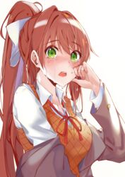  blush brown_hair commentary crying crying_with_eyes_open doki_doki_literature_club english_commentary female green_eyes grey_jacket hair_ribbon highres jacket long_hair long_sleeves looking_at_viewer monika_(doki_doki_literature_club) open_mouth orange_vest ponytail ribbon sad school_uniform shirt simple_background solo tears upper_body vest white_background white_ribbon white_shirt wing_collar xhunzei 