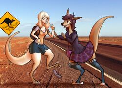  2018 anthro australia backpack bag beingobscene black_nose blonde_hair blush bottomwear brown_hair clothed clothing digital_drawing_(artwork) digital_media_(artwork) duo eyebrows female footwear growth hair hi_res hoodie human human_to_anthro kangaroo legwear looking_at_tail macropod mammal marsupial open_mouth outback photo_background photography_(artwork) raised_inner_eyebrows road sign skirt socks species_transformation tail tail_growth topwear transformation 