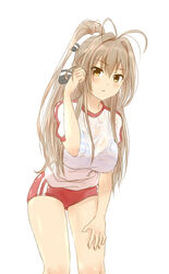  amagi_brilliant_park antenna_hair blush bra brown_eyes brown_hair buruma commentary female hair_between_eyes hand_in_own_hair hand_on_leg highres leaning_forward long_hair looking_at_viewer photoshop_(medium) ponytail red_buruma see-through sento_isuzu solo striped_bra striped_clothes underwear viperxtr wet wet_clothes white_background 