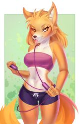  absurd_res alpha_and_omega alpha_channel anthro anthrofied art-abaddon bandeau blonde_hair bottomwear bra canid canine canis clothing crest_animation_studios digital_media_(artwork) female fur hair hi_res jump_rope kate_(alpha_and_omega) lingerie mammal navel shaded shorts smile solo tongue tongue_out topwear underwear wolf 