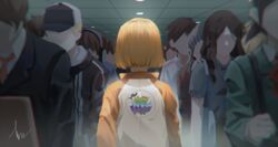  5boys 5girls arms_at_sides bag bob_cut ceiling commentary_request crowd faceless faceless_female faceless_male facing_away formal handbag hat headphones highres indoors jacket multiple_boys multiple_girls necktie orange_jacket school_uniform short_hair sora_yori_mo_tooi_basho suit tamaki_mari zhili_xingzou 