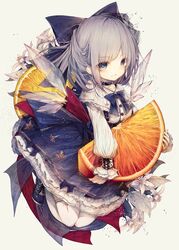  adapted_costume alternate_hair_color blue_eyes blue_footwear blue_neckwear bow buckle cirno collar commentary cross-laced_footwear expressionless female flower food frilled_skirt frills fruit hairbow highres hito_komoru holding holding_food holding_fruit ice ice_wings kneehighs leaf long_sleeves looking_at_viewer orange_(fruit) orange_blossoms orange_slice oversized_food oversized_object simple_background skirt socks solo symbol-only_commentary touhou white_legwear wings 