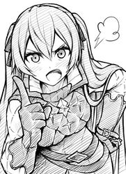  angry commentary female fire_emblem fire_emblem_awakening fire_emblem_fates gambeson gloves graphite_(medium) greyscale hand_on_own_hip index_finger_raised long_hair looking_at_viewer monochrome scolding selena_(fire_emblem_fates) solo ten_(tenchan_man) traditional_media twintails 